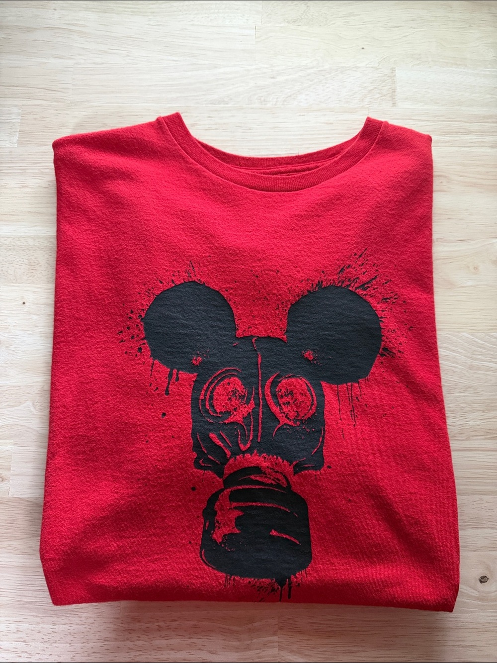 Red Short Sleeve Graphic Tee with Black Gas Mask Mouse Print